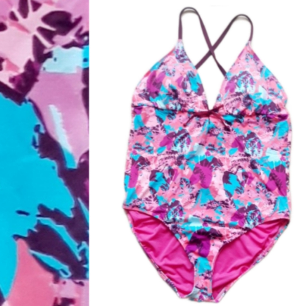 Carve Designs Abstract Floral One Piece Swimsuit - Size XL Pink V Neck Swimsuit